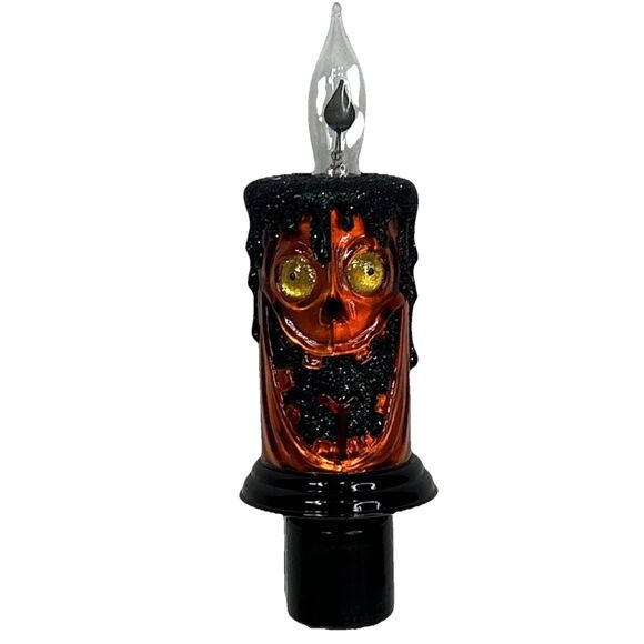 LED Night Light Plug In Halloween Orange Pumpkin Monster Candle Flickering 5" - Picture 1 of 5